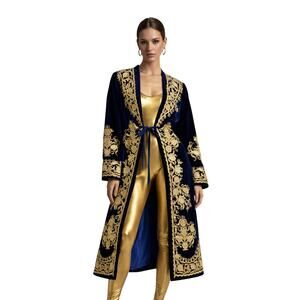 Vintage Royal Blue Velvet Gold Embroidered Chapan Editorial Statement Coat L XL